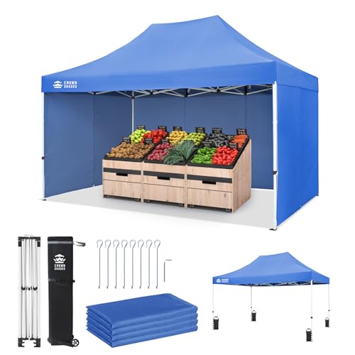 CROWN SHADES 10x15 Pop Up Canopy Tent, Thicken Frame Commercial Heavy Duty Tent, with 4 Sidewalls 8 Stakes & 4 Sandbags & 4 Ropes, Outdoor Canopies for Events, Parties,Blue - color: Blue, size: 10x15 Heavy Duty