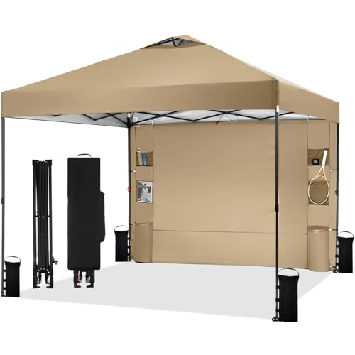 Tunbne 10'x10' Pop Up Canopy Tent with 1 Sidewall and 6 Pockets, One Push Setup, Instant Shade Tent with Vented Roof for Beach Patio Outdoor, Case, 8 Stakes, 4 Ropes, 4 Sandbags (Khaki, 10x10) - color: Khaki, size: 10x10