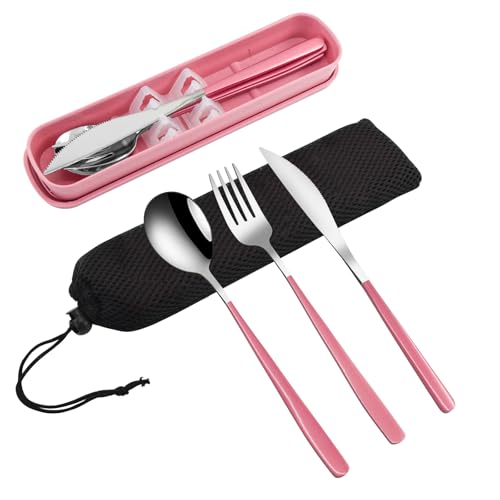 VANRA 3-Piece Portable Travel Utensils Set with Case 18/8 Stainless Steel Flatware Set Reusable Cutlery Set with Fork Spoon Knife for Lunch Travel Camping School Work Picnic (Pink) - color: Pink, size: Fork Spoon Knife