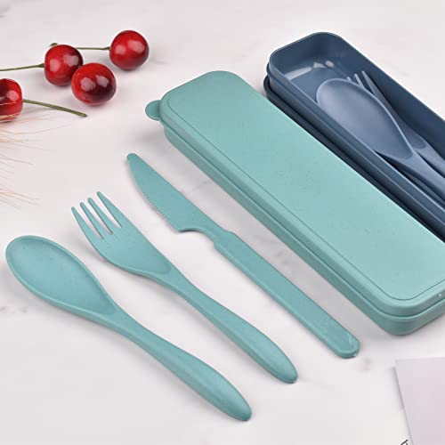 2 Sets Reusable Utensil Set with Case, Portable Camping Fork Knife Spoon Set, Wheat Straw Travel Utensils for Lunch Box, for School Work Lunch or Daily Use (Green, Blue) - color: Green, Blue
