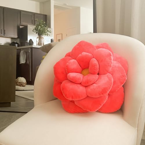 Green Philosophy Co. Camellia Plush Flower Pillow – Large Soft 3D Flower Shaped Throw Pillow, Neon Coral Decorative Pillow for Couch & Bed, for Plant Lovers - color: Neon Coral