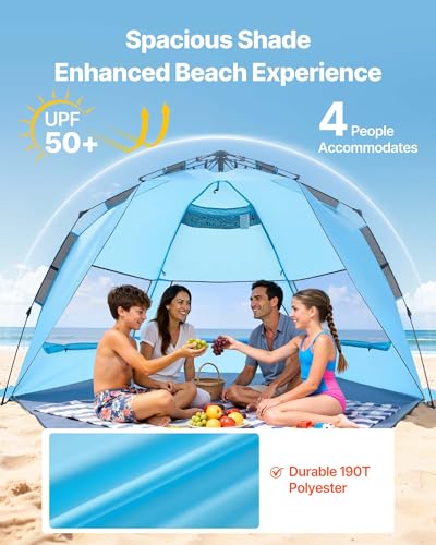 VEVOR Beach Tent Sun Shelter for 4 Person, Pop Up Beach Tent UPF 50+, Portable Sun Shade Beach with Carrying Bag and Sand Pockets, Easy Setup Umbrella for Camping Fishing Outdoor Picnic - size: 4 Person(Pop Up)
