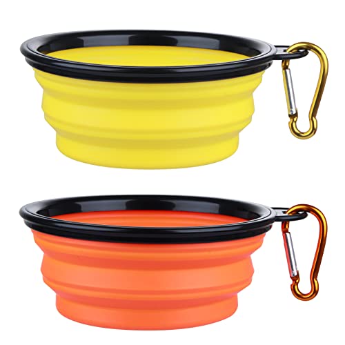 Dog Bowl Pet Collapsible Bowls, 2 Pack Collapsible Dog Water Bowls for Cats Dogs, Portable Pet Feeding Watering Dish for Walking Parking Traveling with 2 Carabiners (Small, Orange+Yellow) - color: Orange+Yellow, size: Small