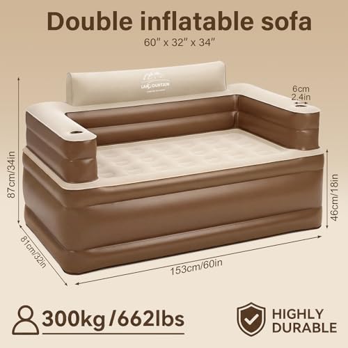 Inflatable Couch with Cup Holder, Velvety Blow Up Couch for Adults with Electric Pump, Air Sofa for Camping & Home, 60"x32"x34" - size: Large