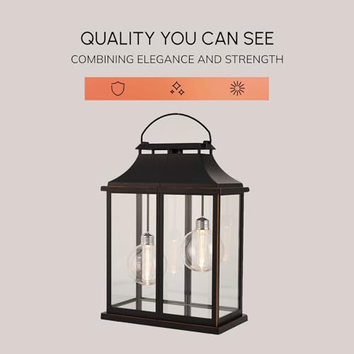 Modern Farmhouse Lanterns, Black Plastic Clear Glass Shade Lanterns Decor –3AA Battery Powered, with 2 G100 LED Vintage Bulbs & Timer(6/18),Ideal for Porch, Patio, Indoor Tables & Mantelpiece.