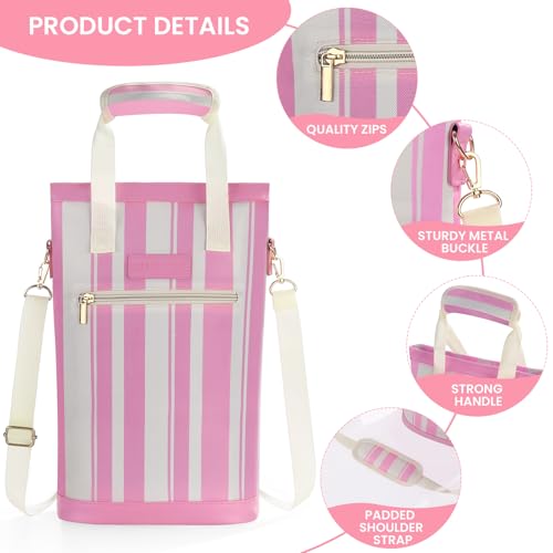 BLUBYEES 2-Bottle Insulated Wine Carrier Tote - Leakproof Padded 900D Oxford Wine Cooler Bag for Travel, Picnics, Beach & Parties - Ideal Wine Gift for Wine Lovers - color: Sakura Pink