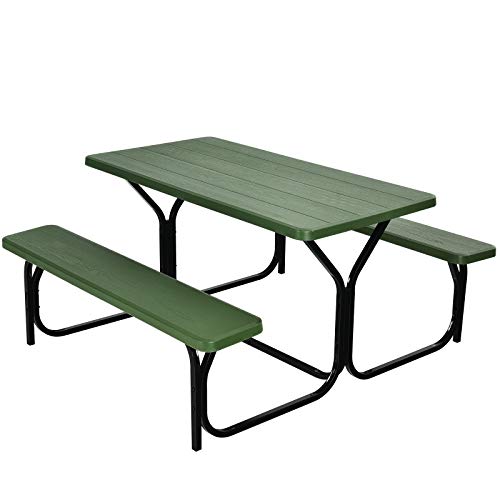 Giantex Picnic Table Bench Set Outdoor Camping All Weather Metal Base Yard Pool Dining Party Garden Patio Lawn Deck Large Camping Table (Green) - color: Green, size: 4.5FT