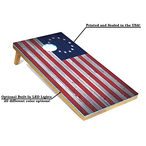 Tailgating Pros 4x2 Regulation Cornhole Boards Flag Set- Includes 8 Bean Bags, Carrying Cases, and Score Keeper - Optional LED Lights - color: 13 Stars Flag, size: 4'x2' Boards w/ LED Ring Lights