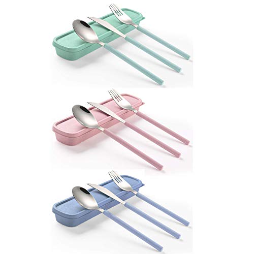 Portable Home Utensils Reusable Flatware Set with Case, Stainless Steel Metal Travel Cutlery Lunch Tableware 3 Fork 3 Spoon 3 Knife with Colored Handle(Fork Spoon Knife 3 sets, Green+Pink+Blue) - color: M Green+Pink+Blue - 3 Sets