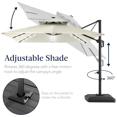 Best Choice Products 9x12ft LED Cantilever Patio Umbrella w/Base Included & 360° Rotation, Large Solar Offset Hanging Outdoor Sun Shade for Deck, Backyard Table w/Stand & Lights – Ivory - color: Ivory, size: 9x12ft