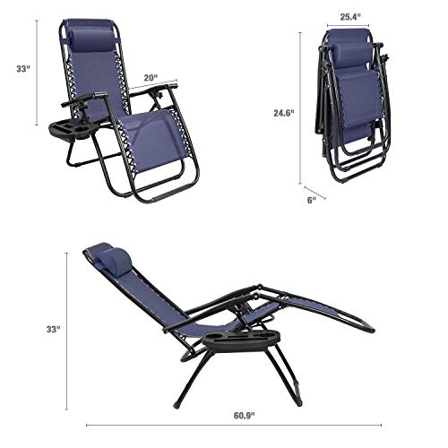 GUNJI Zero Gravity Chair Outdoor Lawn Folding Lounge Chairs Adjustable Reclining Patio Chairs Set of 2 with Cup Holder Lounge Gravity Chairs for Poolside, Backyard, Beach and Camping (Blue) - color: Blue