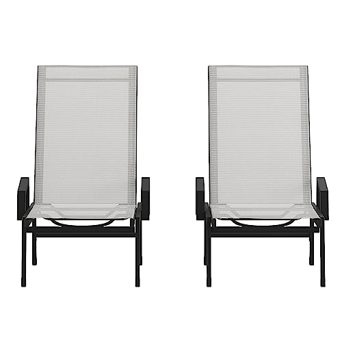 Flash Furniture Brazos Set of 2 Adjustable Chaise Lounge Chairs with Arms, All-Weather Outdoor Five-Position Recliners, Black/Gray - color: Gray/Black, size: Set of 2