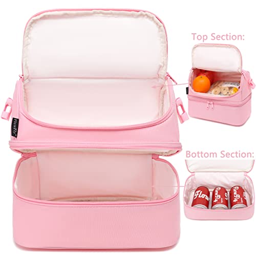 FlowFly Double Decker Cooler Insulated Lunch Bag Large Tote for Boys, Girls, Men, Women, With Adjustable Strap,Pink - color: Pink#All