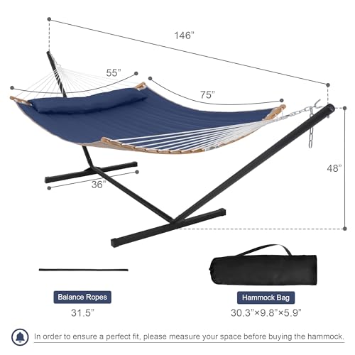 2 Person Hammock with Stand Included, Outdoor Hammock with Curved Spreader Bar, Pillow and Carrying Bag, 450 Lbs Capacity, Navy Blue - color: Navy Blue