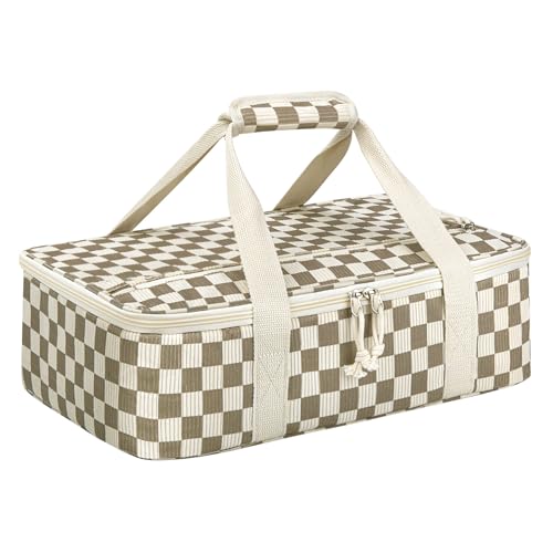 Corduroy Casserole Carrier, Insulated Lasagna Lugger for Hot/Cold Food, Fits 9" x 13" Baking Dish, Thermal Lunch Tote for Potluck & Picnic - Corduroy Khaki Grid - color: Corduroy Khaki Grid, size: 16x10x4 in