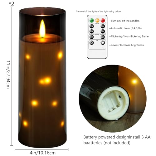 kakoya 11" x 4" Large Outdoor Waterproof Flameless LED Candles with Remote and Timer,Acrylic Pillar Candles Battery Operated with Embedded Star String for Porch,Patio,Outdoor Decor,Set of 2(Grey) - color: Gray, size: 2PCS-D4"xH11"