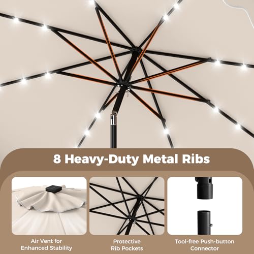 Tangkula 10 FT Solar Patio Umbrella with Base Included, 2-Tiers Outdoor Scalloped Table Umbrella with 32 LED Lights, 2 Sandbags, Tilt Adjustment, Crank, 8 Ribs for Market Backyard Pool Deck Beach Lawn (Beige, 10 FT) - color: Beige, size: 10 FT