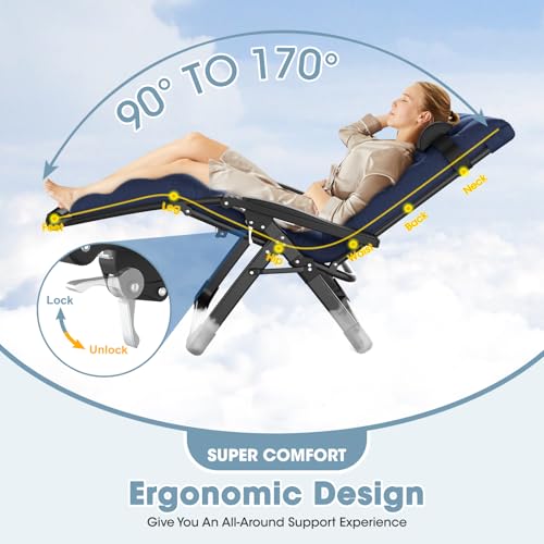 Oversized Zero Gravity Chair, 33In XXL Padded Lounge Chair, Recliner Chair W/Cushion& Storage Bag, Footrest, Reinforced Full-Alu Alloy Lock, Larger Cup Holder, for Indoor Outdoor, 500lbs Max - color: 33in - Blue-1