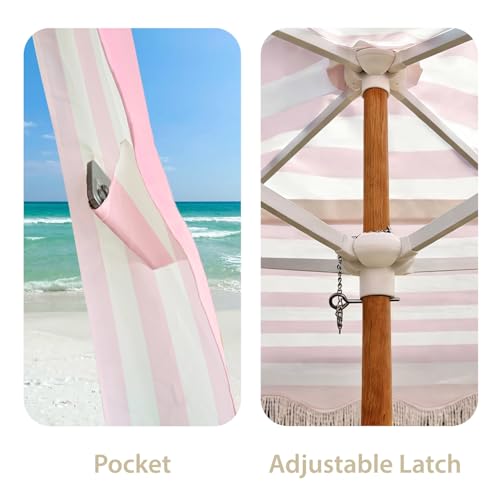AMMSUN Beach Cabana with Fringe, 7' x 7' Boho Beach Canopy with Tassels, Easy Set up & Premium Wood Pole, Cabana Tent with Sand Pockets, Instant Sun Shade for Sand, Garden, Patio, Rose Stripes - color: Pink Rose Stripes