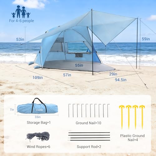 Elegear CumbreX™ Beach Tent with 360° Removable Canopy, 4-6 Person Pop Up Sun Shade Shelter, UPF 50+ Automated Installation Double Silver Coating Portable Lightweight Beach Cabana for Beach/Outdoor - color: Sky Blue
