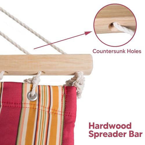 SUNCREAT Double Hammock Quilted Fabric Swing with Spreader Bar, Detachable Pillow, 55” x79” Large Hammock, Red Stripes - color: Red Stripes