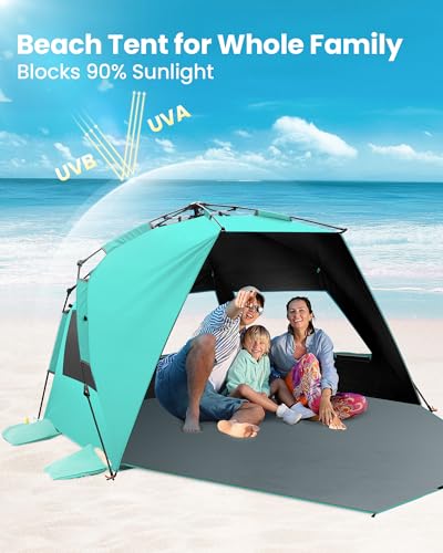 OutdoorMaster Beach Tent with Blackout Shelter Technology, Portable Sun Shade Shelter 4 Person, Pop Up Beach Tents with UPF 50+ UV Protection, 9.5mm Thick Pole, 3 Ventilating Mesh Windows -Green - color: Green