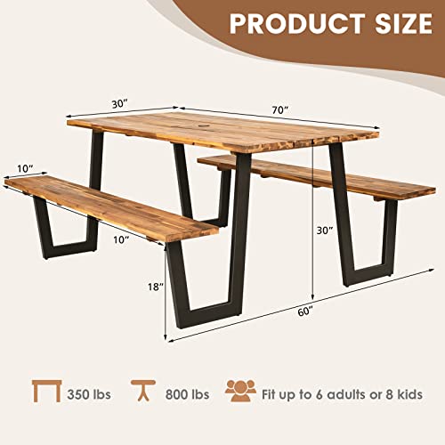 S AFSTAR 70" Outdoor Picnic Table, Heavy Duty Wooden Table and Bench Set with Umbrella Hole, All-Weather Acacia Wood Picnic Tables for 6, Garden, Backyard, Porch, Patio - size: Without Umbrella
