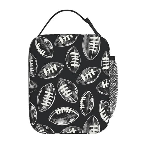 Reusable Football Lunch Box for Kids Girls Boys Women Adult, Insulated Black and White Sport Lunch Bag,Polyester Cooler Handbags Case for School Picnic Work Travel Beach or Hiking - color: Football 01