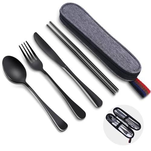 Reusable Travel Utensils Set with Case, Premium Stainless Steel Flatware, Portable Silverware for Lunch, Camping, Picnic, Travel Fork and Spoon Set, To Go Utensils, Dishwasher Safe - color: Black