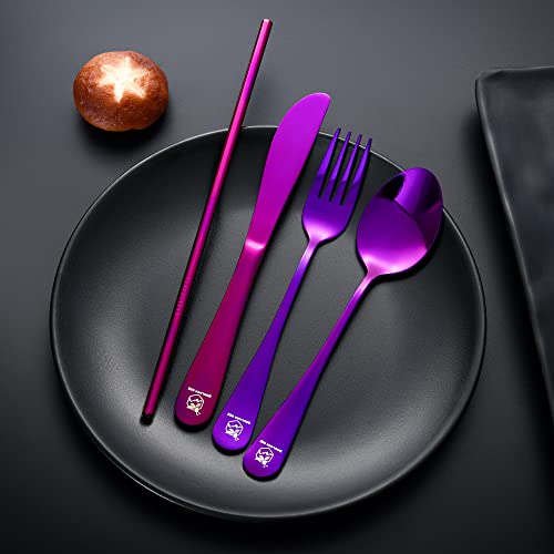 Boulder Bee | Travel Utensils Set | Reusable Camping Cutlery Set | Stainless Steel Flatware Set | Portable Silverware Set with Case | Includes Knife/Fork/Spoon/Straw/Cleaning Cloth/Case (Purple) - color: Purple