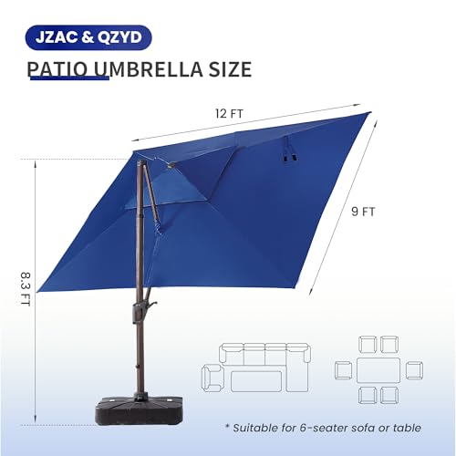 JZAC & QZYD 9x12 FT Outdoor Cantilever Patio Umbrella with Base Included and LED Lights, Large Heavy Duty 2-Tier Aluminum Offset Umbrellas with 360-Degree Rotation for Pool Deck, Navy - color: Navy, size: 9'×12' - Weighted Base Included