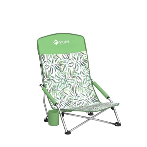 VILLEY Low Beach Chair, High Back Folding Beach Chair for Adults, Lightweight and Portable for Outdoor, Beach, Camping, Lawn, Music Festival, with Cup Holder and Carry Bag-Green Tropical Leaves - color: Green Tropical Leaves