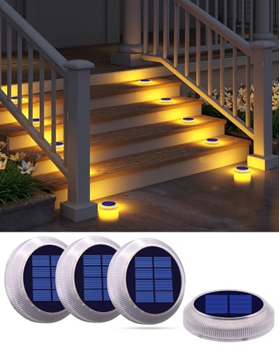 DetarZinLED Solar Step Lights Outdoor Waterproof, 4 Pack Warm White Flat Lights Solar Powered for Outside Stair, Deck, Dock, Pathway, Driveway, Ground - size: 4pcs Warm White Round