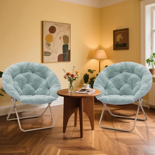 MoNiBloom Round Folding Faux Fur Saucer Chair for Bedroom Living Room Dorm Foldable Metal Frame Oversized Large Comfy Soft Lounge Lazy Cozy Moon Chair for Adults (Set of 2, Teal Blue) - color: Teal Blue