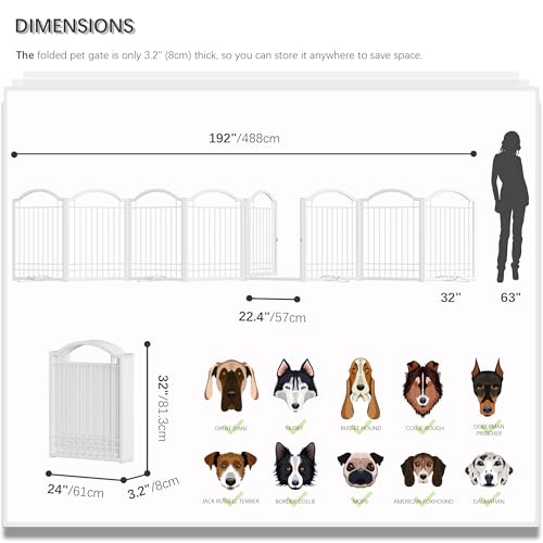 4NM Metal No Drilling Expandable Dog Gate, Extra Wide 192", Extra Tall 32" Free Standing Pet Gate with Door, Gates for Dogs Outdoor or Indoor, with 4PCS Support - White - color: White, size: 【32"H】8-Panel with Door