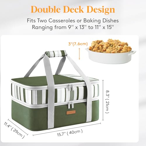 LUNCIA Insulated Double Decker Casserole Carrier, Lasagna Lugger Tote Keeps Food Hot or Cold, Thermal Lunch Bag for Potluck Parties, Picnic and Cookouts, Fits 9" x 13" Baking Dish, Dark Green - color: Dark Green, size: 15.7 X 11.4 X 8.3inch
