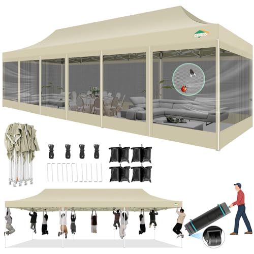 COBIZI 10x30 Pop Up Canopy with Sidewalls, Heavy Duty Canopy with Mosquito Netting, Easy up Screen Party Tents for Parties Backyard Outdoor Commercial Event Gazebo with Roller Bag, Sandbags, Khaki - color: Khaki, size: 10x30ft(standard)