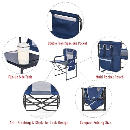 SUNNYFEEL Oversized Camping Directors Chair, Portable Folding Lawn Chairs for Adults Heavy Duty with Side Table,Pocket for Beach, Fishing,Picnic,Concert,Tailgating, Outdoor Foldable Camp Chair - color: Navy Blue, size: 1 Pc