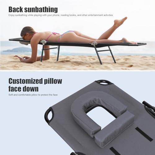 Patio Lounge Chair Reclining Folding Chaise for Indoor Outdoor Adjustable Portable Chair Removable Pillow, Sunbathing Chair for Patio, Poolside, Lawn, Beach Grey - color: Grey