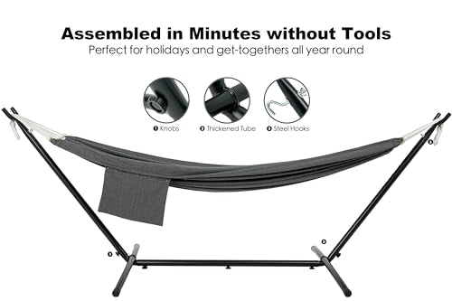 GAFETE Double Hammock with Stand for Outside, Upgraded Spreader Bar, Heavy Duty Space Saving Steel Stand 2 Person, Side Pocket, Easy Assembly, 600lbs Weight Capacity, Indoor & Outdoor (Dark Grey) - color: Dark Grey
