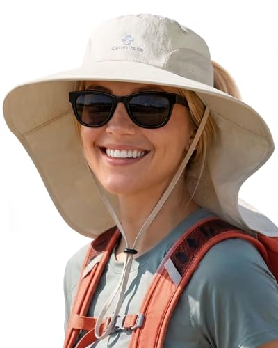 Camptrace Sun Hats for Women Men UPF 50+ UV Protection Wide Brim Hiking Fishing Hat with Neck Flap - color: 01-hot Color Beige