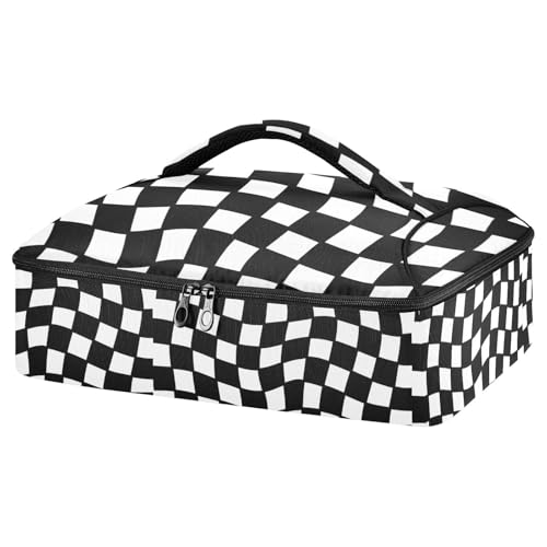 Black and White Checkered Casserole Dish Carrier, Insulated Food Tote Bag for Hot or Cold Dishes, Portable Storage Case for Potluck Picnic Camping Party