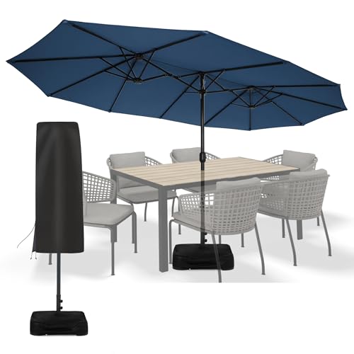 Sundale Outdoor 15ft Large Patio Umbrella with Base Included and Umbrella Cover, Outdoor Double-Sided Umbrella - color: Navy
