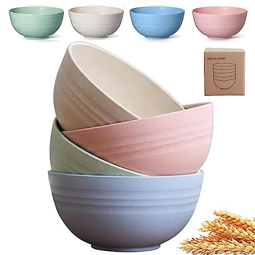 K Y KANGYUN Unbreakable Cereal Bowls - 24 oz Reusable Wheat Straw Bowl- Perfect for Serving Soup, Oatmeal, Pasta, Salad Camping, Picnic Bowls- Dishwasher & Microwave Safe - BPA Free, Sets for 4 - size: Bowl-5.9in