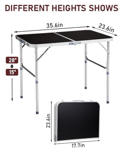 Outvita 3ft Portable Folding Camping Table, Outdoor Waterproof Adjustable Height Table, Aluminum Lightweight Suitcase Foldable Table for Picnic BBQ Beach Dining - color: Black, size: 35*24*28