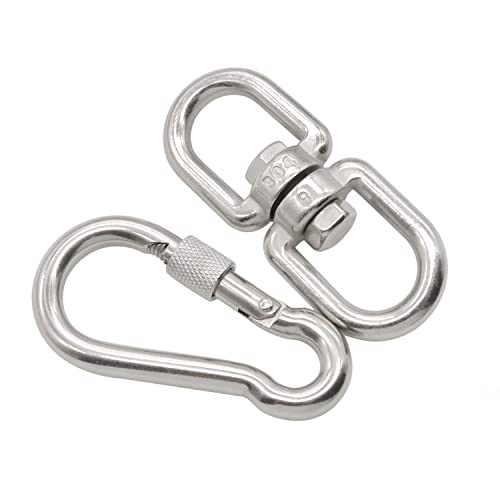 2Pcs M8 304-Stainless Steel Swivel Ring Double Ended Swivel Eye Hook, 2Pcs M8 Spring Hook, for Marine Mooring, Tree Swing, Hammock, Hanging Rotating Device