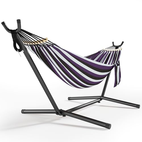600lbs Hammock with Stand for Outside, 2 Person Portable Hammock with Side Storage, Carrying Bag, Expend Wooden Bar for Outdoor or Indoor (Purple Black) - color: Purple Black