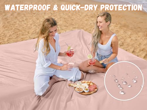 AlphaBeing Beach Blanket Waterproof Sandproof, Extra Large Beach Mat for 1–8 Adults, Oversized Picnic Blanket with 4 Stakes & Storage Bag, Essential Beach Gear for Travel - color: Pink, size: 79“×83”