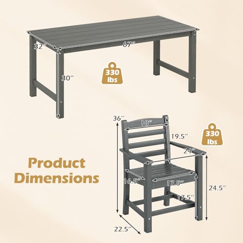 Tangkula 7 Pcs Outdoor Dining Table Set for 6, 67” HDPE Weather-Resistant Patio Rectangle Table & 6 Armchairs w/Curved Seat, Umbrella Hole, Wood Grain, Plastic Dining Furniture (Gray, 7 Pcs) - color: Grey, size: 7 Pcs