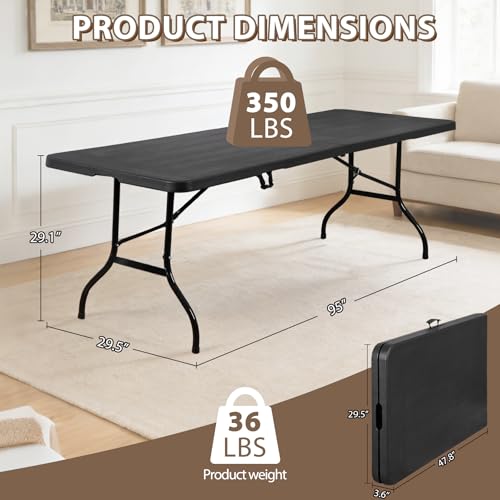 SUPER DEAL 8FT Folding Picnic Table for Indoor Outdoor, Portable Fold-in-Half Plastic Dining Camping Party Table with Carrying Handle, Black - color: Black, size: 95"x30", style: Rectangular